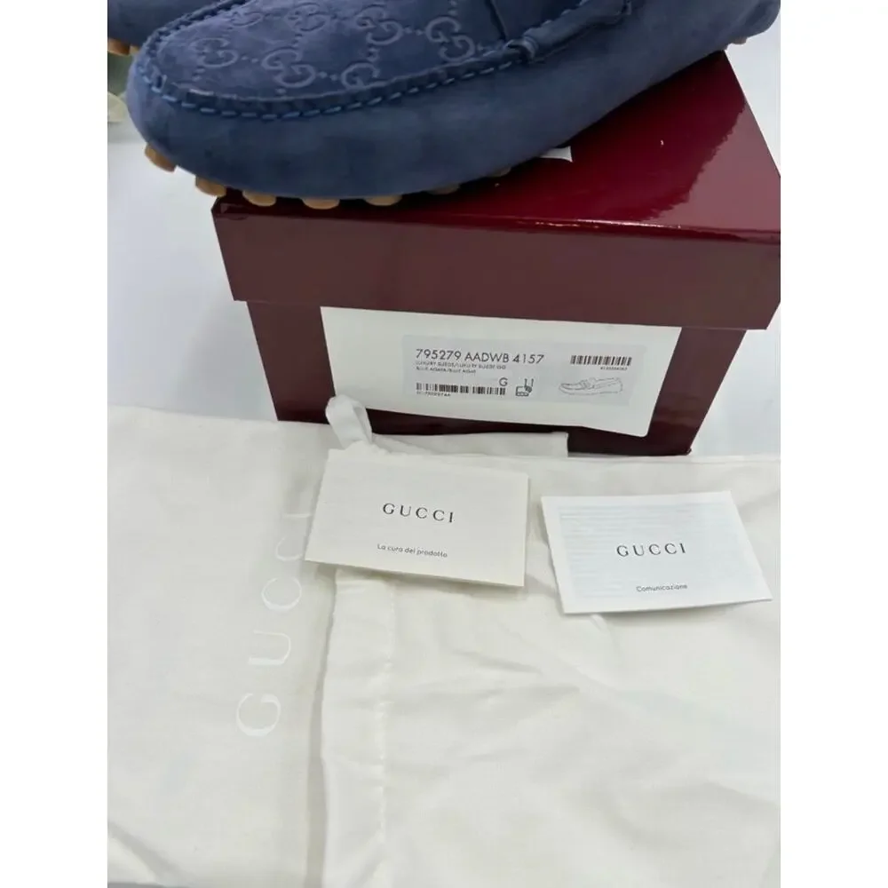 Men's Gucci blue suede GG embossed Driver loafer size 11 fits 11.5 made Italy